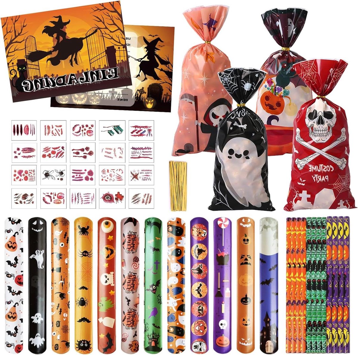 Inovra - Kinderverjaardag Feestcadeau Set | 95 Stuks | Slaparmbanden, Cadeautasje, Potlood | Halloween Thema | Inclusief Uitnodigingskaarten, Postzegels, Tijdelijke Tatoeages